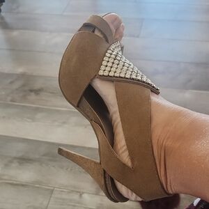 Pedro Garcia Tan Suede 4 In. Heels with Swarovski Chrystal Accent